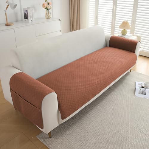 Image of HOKIPO Quilted 1 Seater Sofa Cover Set, One Seat Mat with Two Armrest Covers with Pockets, Brown (IN-716+IN-787-BR*2)