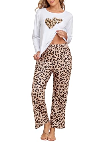 Aranmei Schlafanzug Damen Lang Baumwolle Pyjama Set Leopardenmuster Zweiteiliger Nachtwäsche Sleepwear und Pyjamahose Herbst Winter Hausanzug...