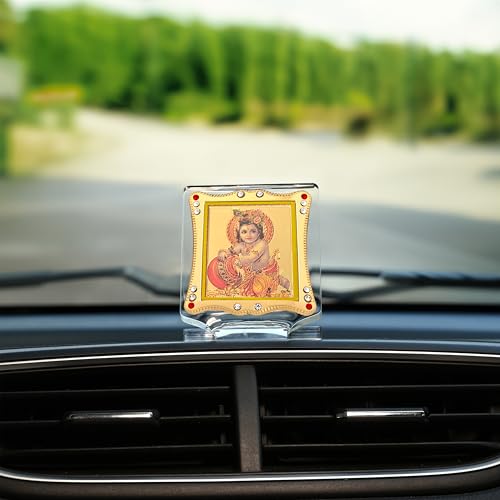 Image of Gopal Krishna Idol for Car Dashboard Showpiece Decor Golden Foil (Plated) Religious Frame for Pooja, Prayer and Gift