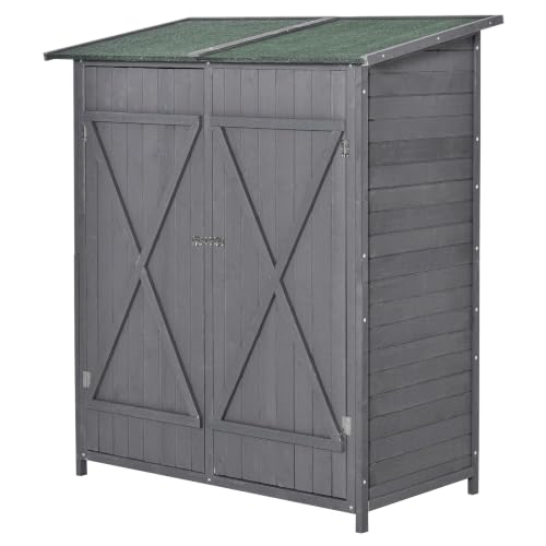 Outsunny Gartenschrank Geräteschuppen mit 2 Tür Geräteschrank mit Asphaltdach Gartenlagerschrank Antidumping Design mit Bodennägel Tannenholz Grün+Grau 139 x 75 x 160 cm