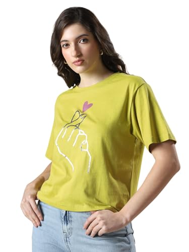 Globus Women Green Printed Round Neck Casual Oversized T-shirt-3638109003