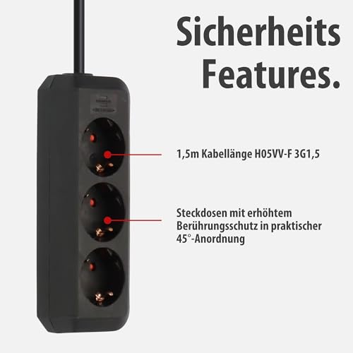 Brennenstuhl Eco-Line Steckdosenleiste 3-Fach (Mehrfachsteckdose mit erhöhtem Berührungsschutz und 1,5m Kabel) schwarz – Ansicht 4