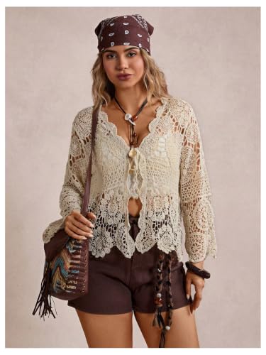 Image of SHENHE Women's Plus Size Hollow Out Cardigan Lightweight Sheer Tie Front Boho Kimono