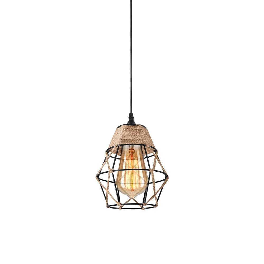 LANTANB Creative Diamond Shaped Iron Hemp Cord Chandelier Lampshade,Vintage Style Metal Pendent Light,Adjustable Hanging Lamp,Corridor Restaurant Decoration Ceiling Lighting Fixtures