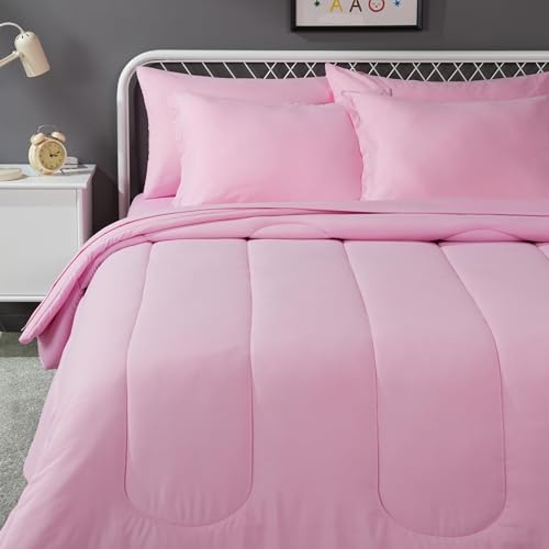 Image of Amazon Basics 7-Piece Soft Microfiber Kid's Bed-in-a-Bag Bedding Set, Full /Queen, Pink, Solid