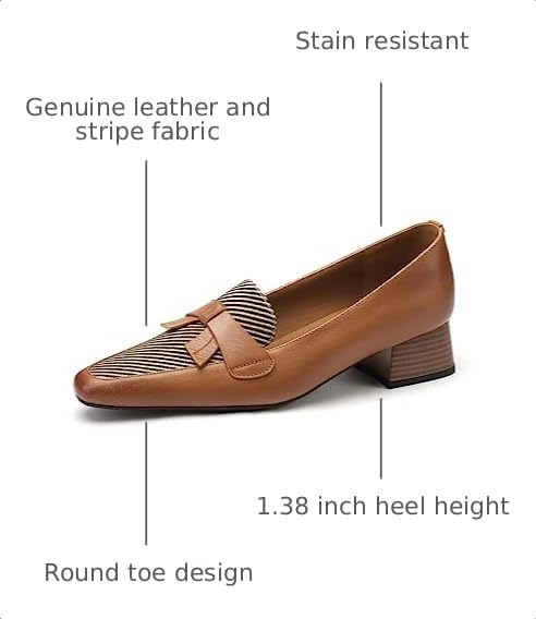 Image of TinaCus Women's Round Toe Genuine Leather & Stripe Fabric Handmade Bowknot Low Chunky Heels Loafers Shoes