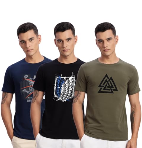 Image of ADRO 100% Cotton Lycra Tshirts for Men Combo Pack of 3 | Regular Fit | Printed T Shirt | Round Neck Half Sleeve| Mens Tshirts