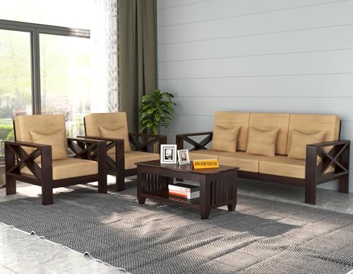 Image of Sheesham Wooden 5 Seater Sofa for Living Room | Rosewood 5 Seater Cushion Sofa X-Legs | Solid Wood Sofa Set for Lounge (3+1+1,Walnut)