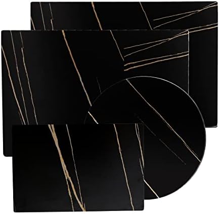 Murrey Home Tempered Glass Cutting Board Glaze Print Set of 4, Non Slip Glass Trays for Kitchen Countertop, Black Marble, Scratch, Heat Resistant Glass Plate, Rectangle & Round