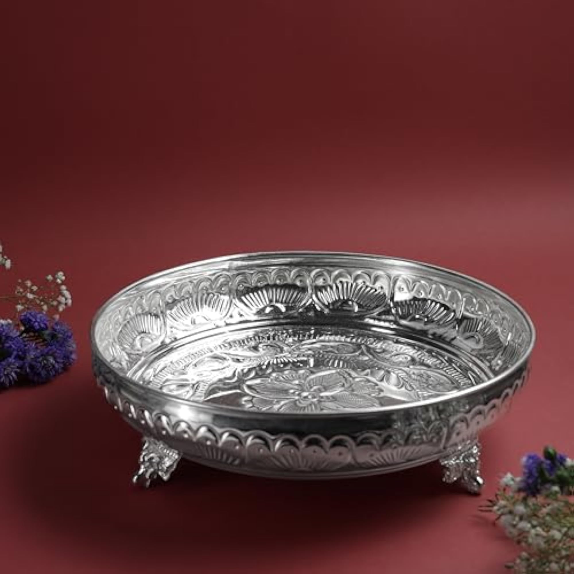 Fruit Elephant Stand Plate for Pooja, Silver Finish Decorative Tray