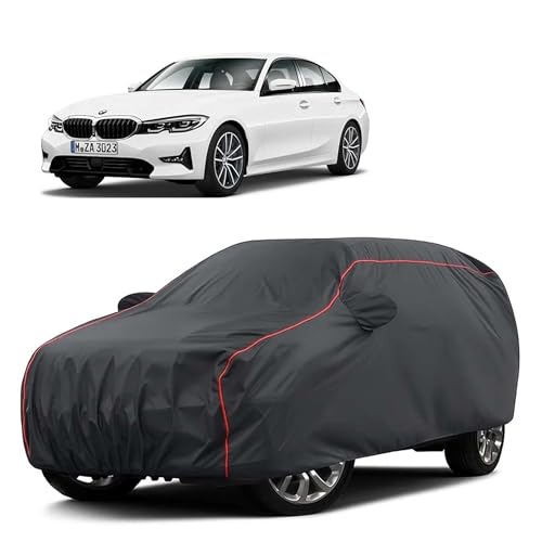 Image of Sulfar 100% Water Resistant Car Body Cover Compatible with Mirror for BMW 3 Series (Triple Stitched, Full Bottom Elastic, Dark Grey Taffeta with Red Piping)