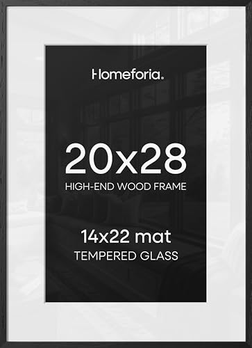 Image of Homeforia 20x28 Black Wood Frame, High End Oak 20x28 Wooden Picture Frames with Mat 14x22 Photo, 20 x 28 Poster Frame Matted to 14 by 22 Print, 28x20 Hanging Frames, Tempered Glass, Wall Kit, Set of 1
