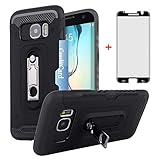 Samsung Galaxy S7 Edge Wallet Phone Case with Friendly Curved Tempered Glass Screen Protector Credit Card Holder Kickstand Full Body Protective Cover for Samsumg Glaxay S 7edge GS7 7s 7 S7edge Black