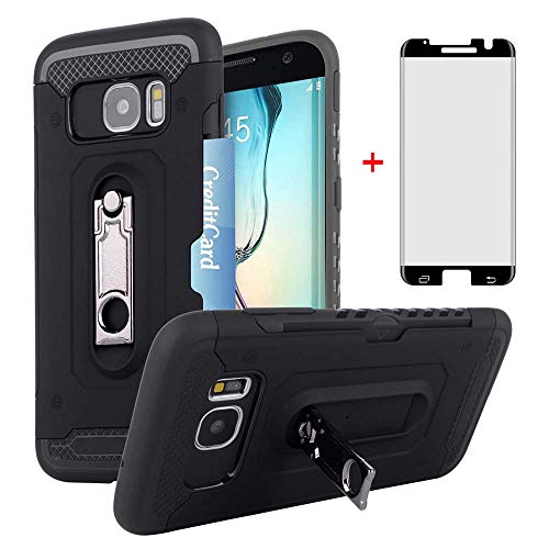 Phone Case for Samsung Galaxy S7 Edge with Tempered Glass Screen Protector Cover and Credit Card Holder Cell Accessories Stand Slim Hard Wallet Glaxay S7edge S 7 Plus 7s 7edge Cases Women Men Black