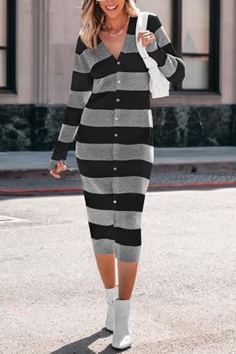 PRETTYGARDEN Women's Fall Sweater Dresses 2025 Long Sleeve V Neck Button Ribbed Knit Stripes Bodycon Midi Winter Dress2