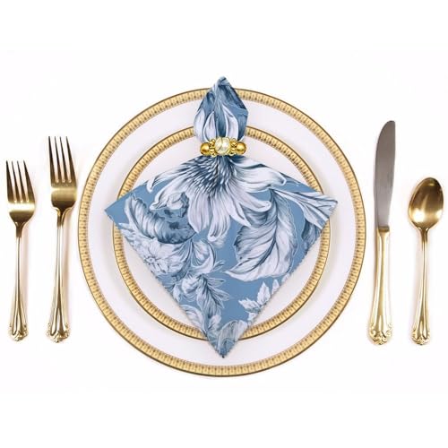Servilletas de tela cuadradas con diseño floral azul y blanco miniatura 3