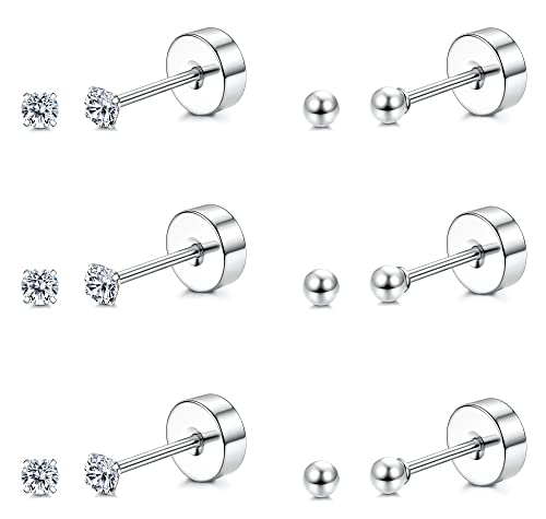 Ironbox 6 Pairs Titanium Tiny Stud Earrings For Women Men Pure Titanium Cartilage Stud Earrings 20 Gauge Ball Cubic Zirconia Hypoallergenic Flat Back Earrings 2Mm #TOP19