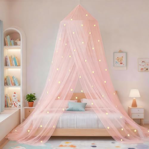 Eimilaly Ciel de lit étoilé Qui Brille dans Le Noir, paravent de lit pour Filles, Ciel de lit de Princesse pour Chambre de Fille, Pink