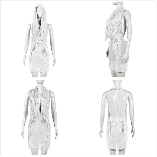 Image of Women Rave Holographic Dress Metallic Silver Mini Hoodies Backless Sleeveless Party Festival Dress
