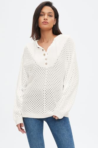 Image of EZAPINE Women's Oversized Crochet Sweater Pullover Drawstring Long Sleeve Button Hollow Out Knit Crochet Top Blouses
