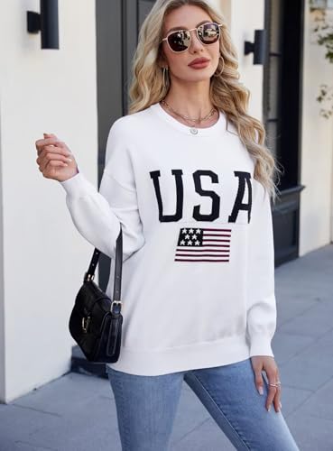 Image of Dressmine Womens American Flag Knit Sweater Crew Neck Long Sleeve Pullover | Casual Loose Graphic Outfits, Fall Sweatshirts, Trendy Clothes, Cute Patriotic Shirt, 2026 Cozy Elasticity Winter Tops