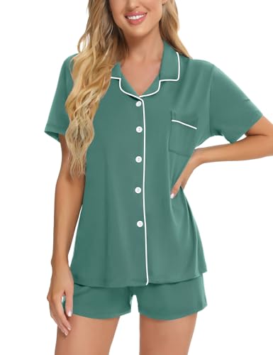 Image of SWOMOG Womens Button Down Pajamas Set Short Sleeve Sleepwear Bride Soft Pj Lounge Sets XS-3XL