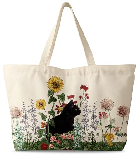 Miss Adola Large Tote Bag for Women - Canvas Tote Bag with Zipper Aesthetic Grass Cat Cotton Cloth Reusable Big Shoulder Bag for Shopping, Gym, Travel, Work