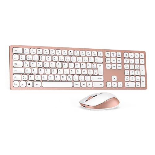 Tastatur und Maus Set Kabellos, Wiederaufladbare 2.4G Wireless Flache Tastatur Maus, Funktastatur mit Maus DPI 1600 QWERTZ Layout für Windows, PC, Laptop, Smart TV, Rosagold Cover