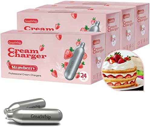 GreatWhip Whipped Cream Charger 96 Count, Strawberry Flavor Whipped Cream Cartridge 8.2 grams for Whipped Dispenser (4 x 24 Count)