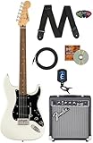 Fender Squier Sonic Stratocaster - Arctic White Bundle with Amp, Cable, Tuner, Strap, Picks, and Austin Bazaar Guitar DVD