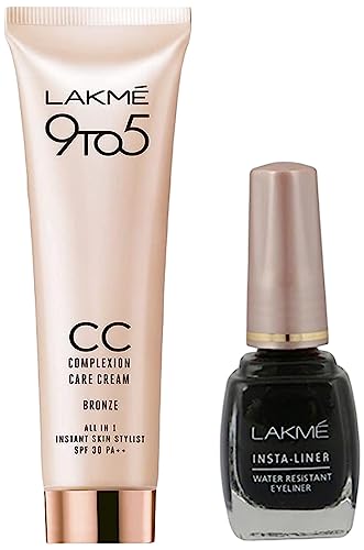 Image of LAKME Insta Eye Liner, Matte Finish, 9ml - Black And 9 to 5 Complexion Care Face Cream, Bronze, 30g
