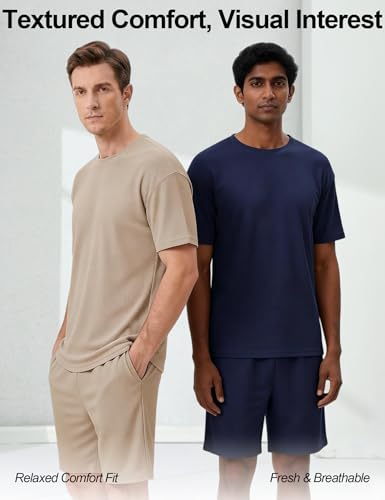 Image of Venzina Men's Waffle-Knit T-Shirt & Shorts Set Breathable Stretchable Lounge Wear Loose Fit Night Suit for Home, Travel