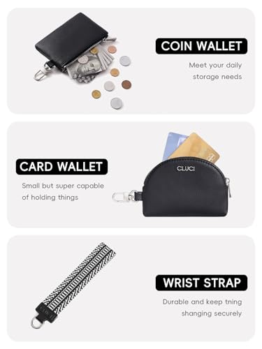 Image of CLUCI Keychain Wallet for Women PU Leather Coin Purse Detachable Dual Pouch Wristlet Wallet Zipper Pocket Black