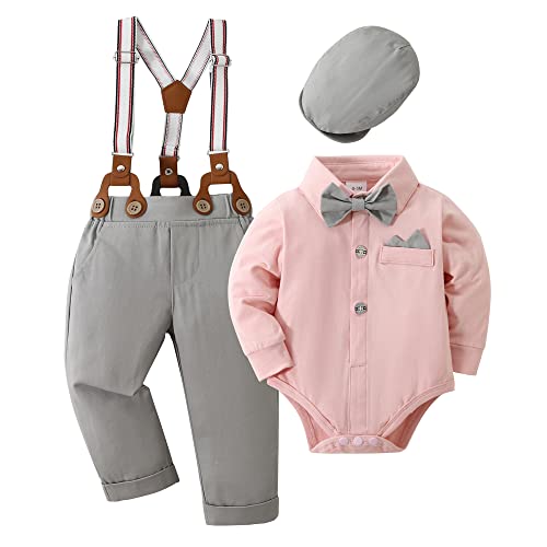 Image of YALLET Baby Boy Clothes Set Infant Tuxedo Long Sleeve Gentleman Suit Outfits + Beret Hat + Suspender Pants + Bowtie 0-18M