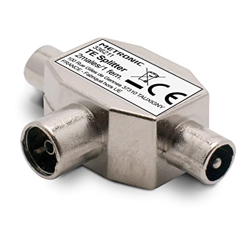 Metronic 336211 - Distribuidor de TV, divisor coaxial en T, DVB-T2, divisor antena TV, blindado, metálico 2 entradas macho - 1 salida hembra