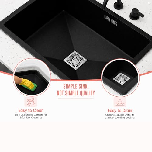 Image of Happy Homes Quartz Sink For Kitchen 24x18x9 INCH - Smoky Black Granite Kitchen Sink With Waste coupling & PVC Pipe | Smooth Finish, UV Protected, Top & Under Mount| 10 Years warranty