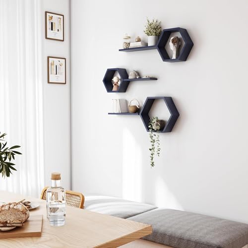Image of Wooden Floating Wall Mounted Set of 6 Hexagon Shelves Display Shelf for Photos, Plants, Rustic Honeycomb Shelves for Living Room, Bedroom, Bathroom, Kitchen, Office (Navy)