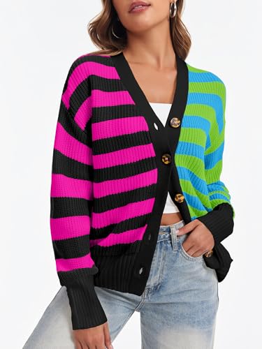 Image of Saodimallsu Womens Striped Cardigans Color Block Button V Neck Open Front Ribbed Knit Loose Trendy Sweater Coats