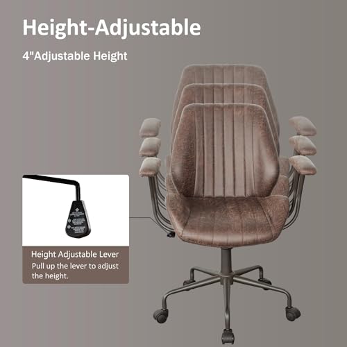 Image of Mid Back Home Office Chair, Mid Century Modern Leather Computer Desk Chair, Comfy Executive Rolling Swivel Task Chair with Wheels Armrest Height Adjustable,Dark Brown