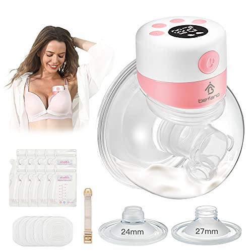Befano Pink Wearable Breast Pump - Electric Hands-Free Portable Breastfeeding Breastpump Páº¡in á¸žree, Silent with LCD Massage and Memory Mode Milk Extractor Can Be Worn in-Bra