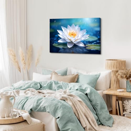 Image of Large Wall Art White Blossom Lotus Flower Wall Decor for Bathroom Blue Relax Meditation Zen Yoga Room Decorations 32x48 inch Nature Flower on Water Pictures Canvas Prints Spiritual Painting Framed Artwork
