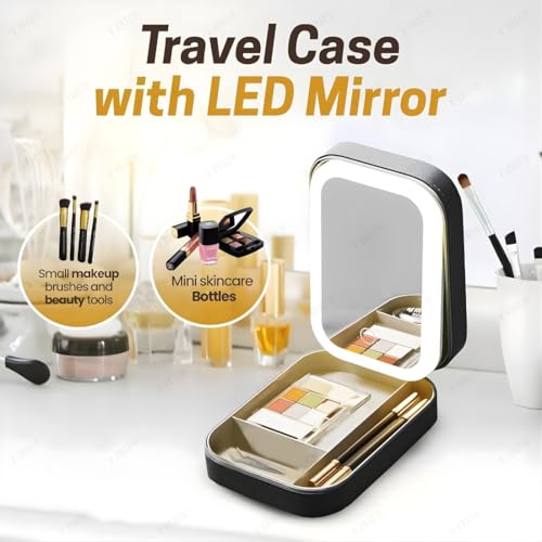 Image of LED Makeup Box with Adjustable Light-Up Mirror, 3 Color Light Settings, Dust-Proof Cosmetic Case, Jewelry Organizer and Multi-Compartment Storage Box for Women (Black)