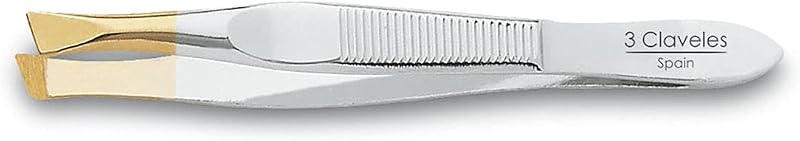 Pinça 3 Claveles 12244 com ponta chanfrada larga, aço carbono, dourada, 8 cm