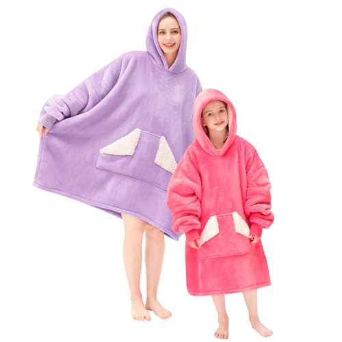 Touchat Wearable Blanket Hoodie, Oversized Sherpa Blanket Sweatshirt with Hood Pocket and Sleeves, Super Soft Warm Plush Hooded Blanket for Adult Women Men (Purple)