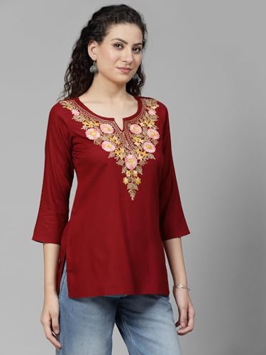 Image of QAZMI Women's Rayon Cotton Straight Keyhole Neck Three-Quarter Sleeves Israa Kashmiri Embriodered Short Kurti