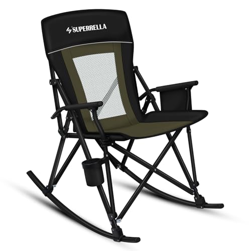 Superrella Folding Rocking Camping Chair Portable Outdoor Rocker with High Mesh Back, Handrail Bars, Carry Bag, Cup Holder, Bottle Opener, Supports 400 lbs, Black&Green by Superrella - Used condition - CA$47.40