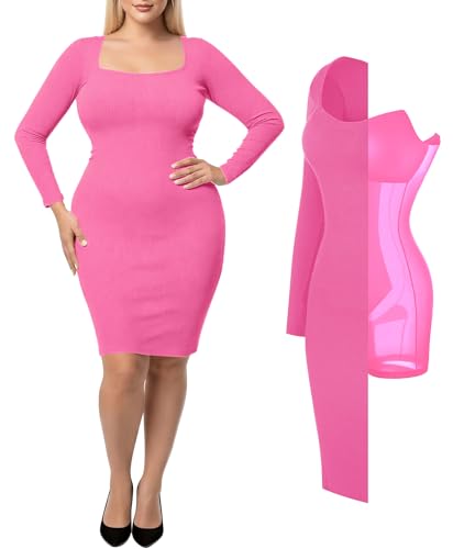 Image of Popilush Long Sleeve Midi Dresses for Women, Built-in Bra Shapewear Dress | Bodycon, Tummy Control, Square Neck, Cocktail Party and Dinners