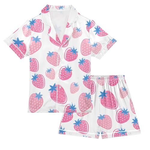 Strawberry White Pink Pattern Summer Satin Pajama Set, Cute Button-Down Sleepwear Pj Set for Sleep Wears