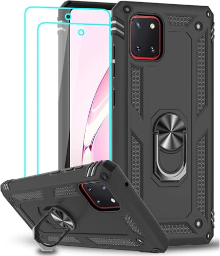 LeYi Funda para Samsung Galaxy Note 10 Lite / A81 con [2 Unidades] Cristal Vidrio Templado,Armor Carcasa con 360 Anillo iman Soporte Hard PC y Silicona TPU Bumper Antigolpes Case para Movil A81,Negro