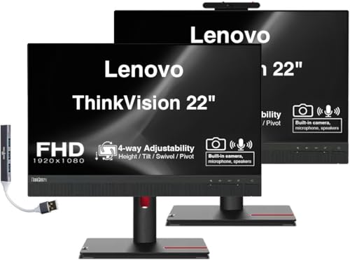 Image of Lenovo ThinkVision 22 inch FHD IPS Conferencing Monitor - 2 Pack | 4ms Response Time- Anti-Glare, VESA Mount (100mm), Adjustable Height, Tilt, Swivel, Pivot, HDMI & Dockztorm USB Port Expande
